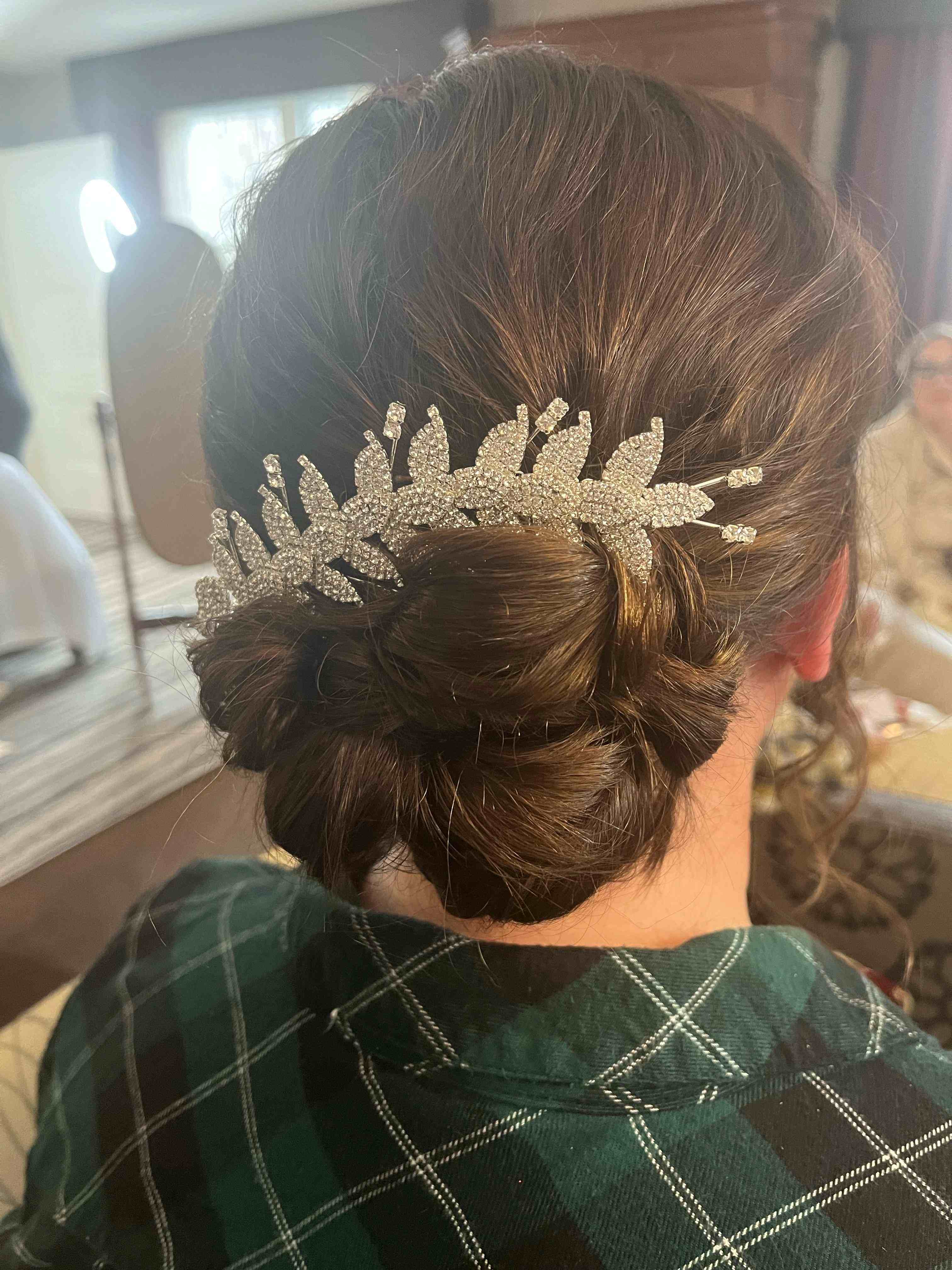 Updo with crystal leaf accessory